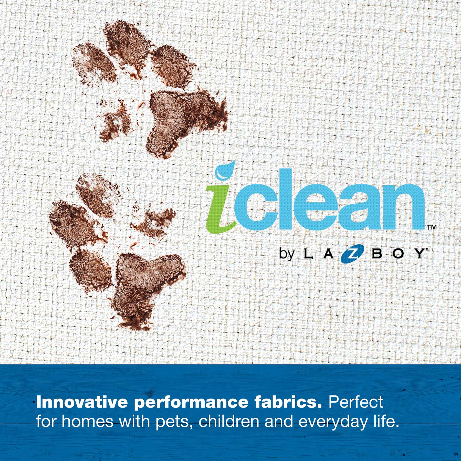 The La-Z-Boy Duchess Fold Out Sleeper Sofa Dog Bed is covered in textured white iClean fabric with brown mud paw prints and features the text iclean by La-Z-Boy in green and blue. A blue banner highlights its innovative performance, perfect for homes with pets, children, and daily use.