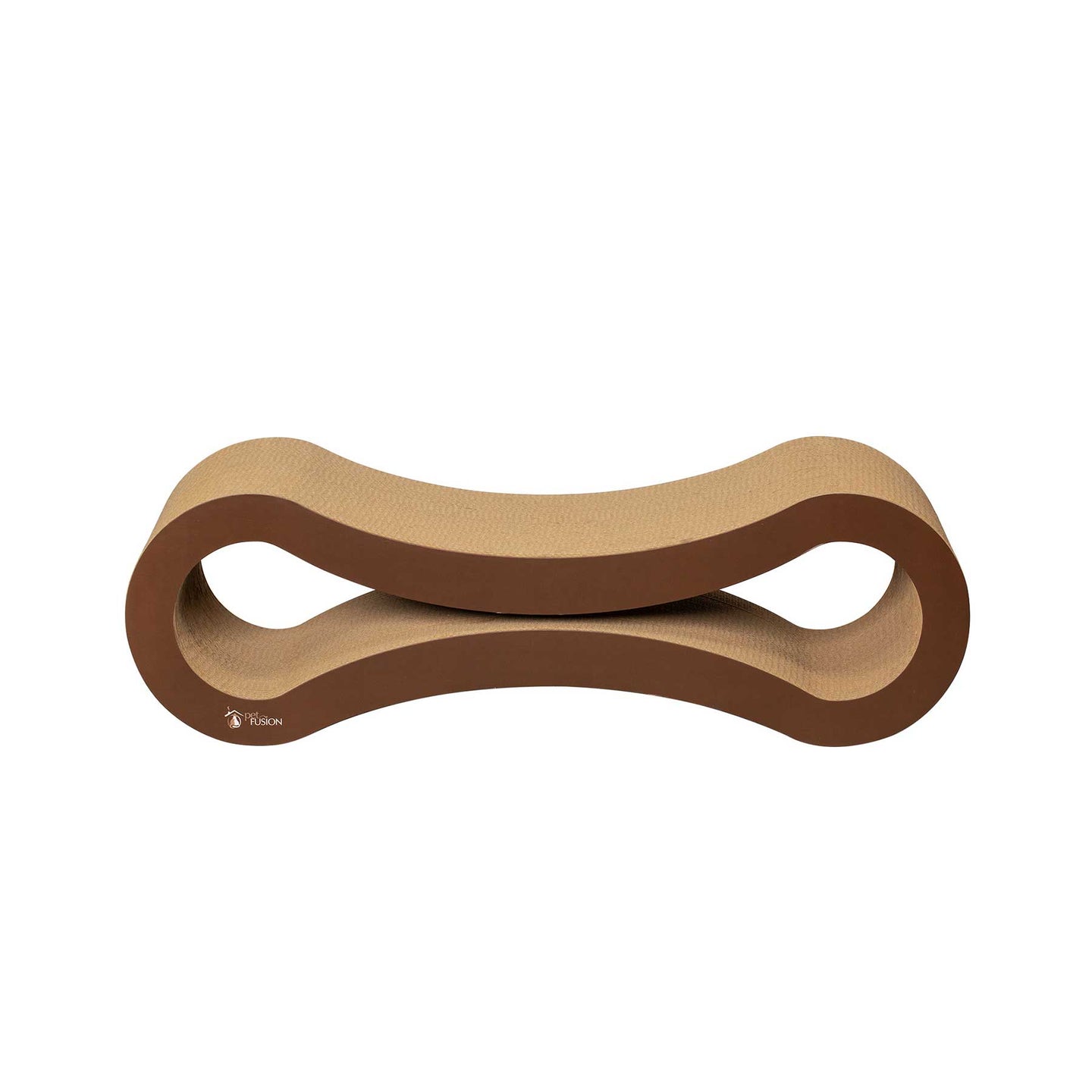 The PetFusion Ultimate Cat Scratcher Lounge is a chic, curved, bone-shaped cardboard cat scratcher and lounge. Its hourglass design with dual levels and a hollow center complements any decor, featuring a natural brown finish.