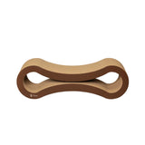 The PetFusion Ultimate Cat Scratcher Lounge is a chic, curved, bone-shaped cardboard cat scratcher and lounge. Its hourglass design with dual levels and a hollow center complements any decor, featuring a natural brown finish.