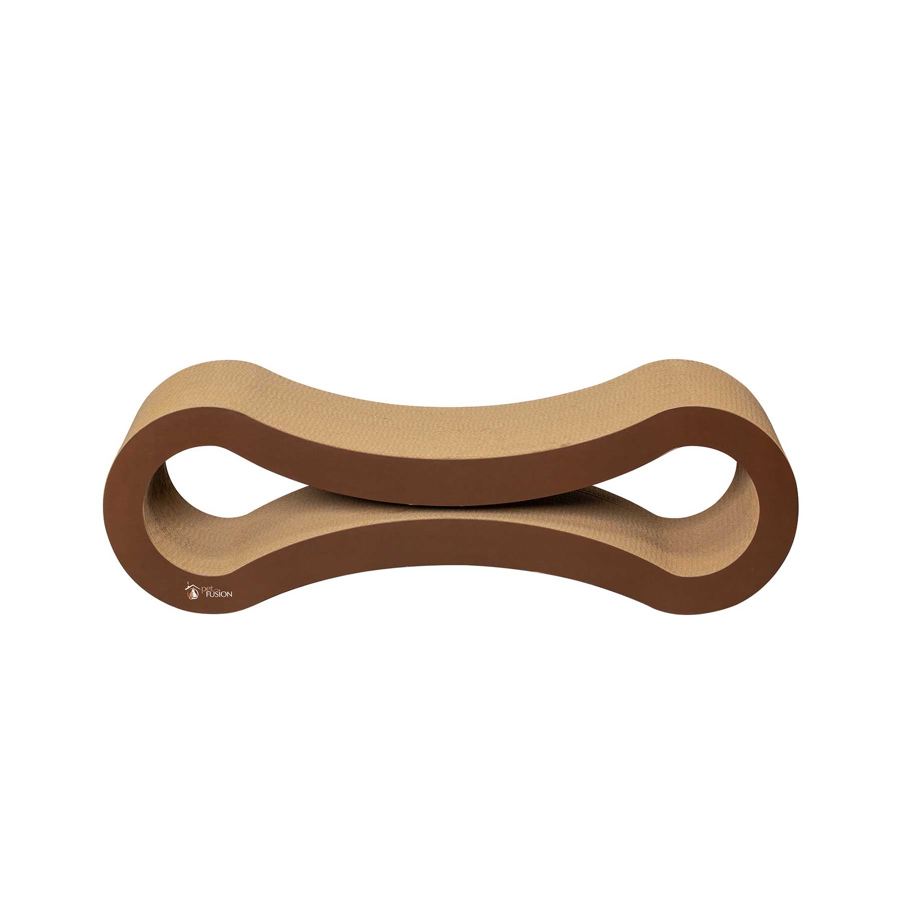 The PetFusion Ultimate Cat Scratcher Lounge is a chic, curved, bone-shaped cardboard cat scratcher and lounge. Its hourglass design with dual levels and a hollow center complements any decor, featuring a natural brown finish.