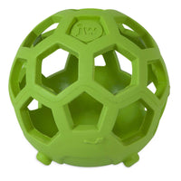 The JW Hol-ee Cow Dog Toy by Jw is a green rubber ball for small dogs, featuring soccer ball-like hexagonal cutouts and a textured surface for easy grip. It has a tiny logo on one side, ensuring fun and functional playtime.