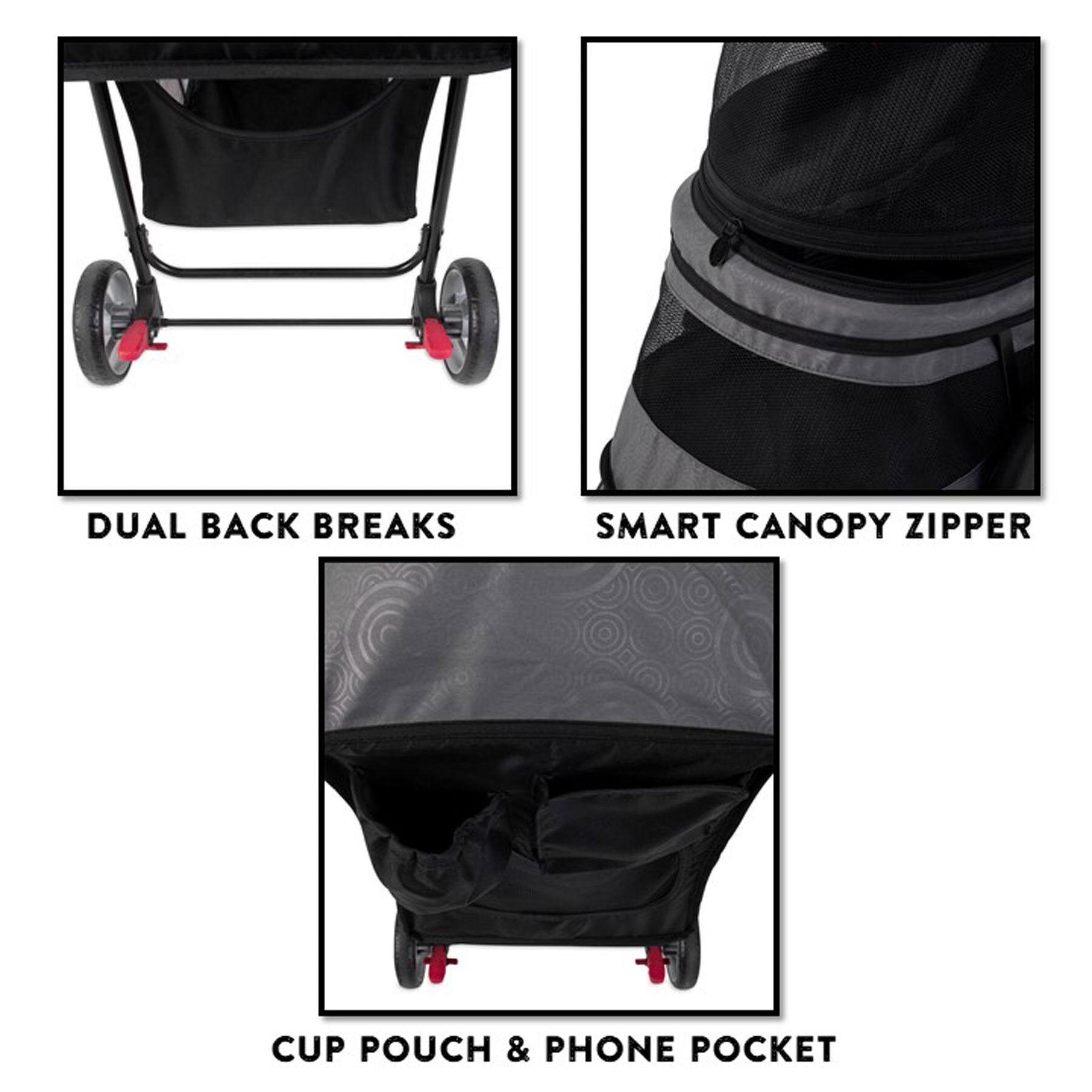 Image of the Gen7Pets Raspberry Sorbet Regal Plus Pet Stroller highlighting features: dual rear brakes with red accents, Smart-Canopy with zipper cover, and Cup Pouch & Phone Pocket behind the seat. Suitable for pets too!.
