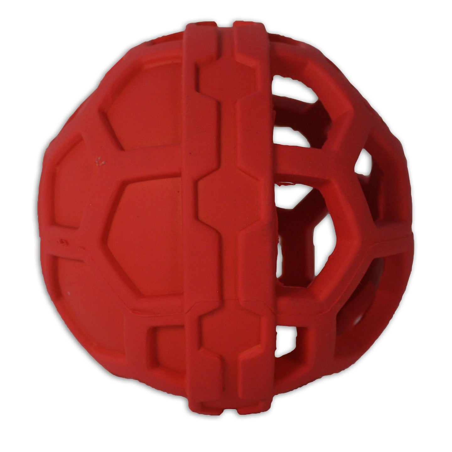 The JW Treat N Squeak Ball by Jw is a red rubber toy designed with a geometric grid of interlocking hexagons and open spaces for visibility. This rugged, interactive dog toy is ideal for play and exercise sessions.