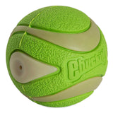 The Chuckit! Max Glow Ultra Squeaker Ball is a textured green rubber ball with beige accents and grooves, ideal for pet play. The word Chuckit! is printed on one side, making it perfect for fetch.
