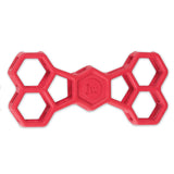 The JW Hol-ee Bone Puzzle Dog Toy by Jw is a red, natural rubber chew toy with a honeycomb pattern at the ends and JW on the central hub, perfect for playful pups.