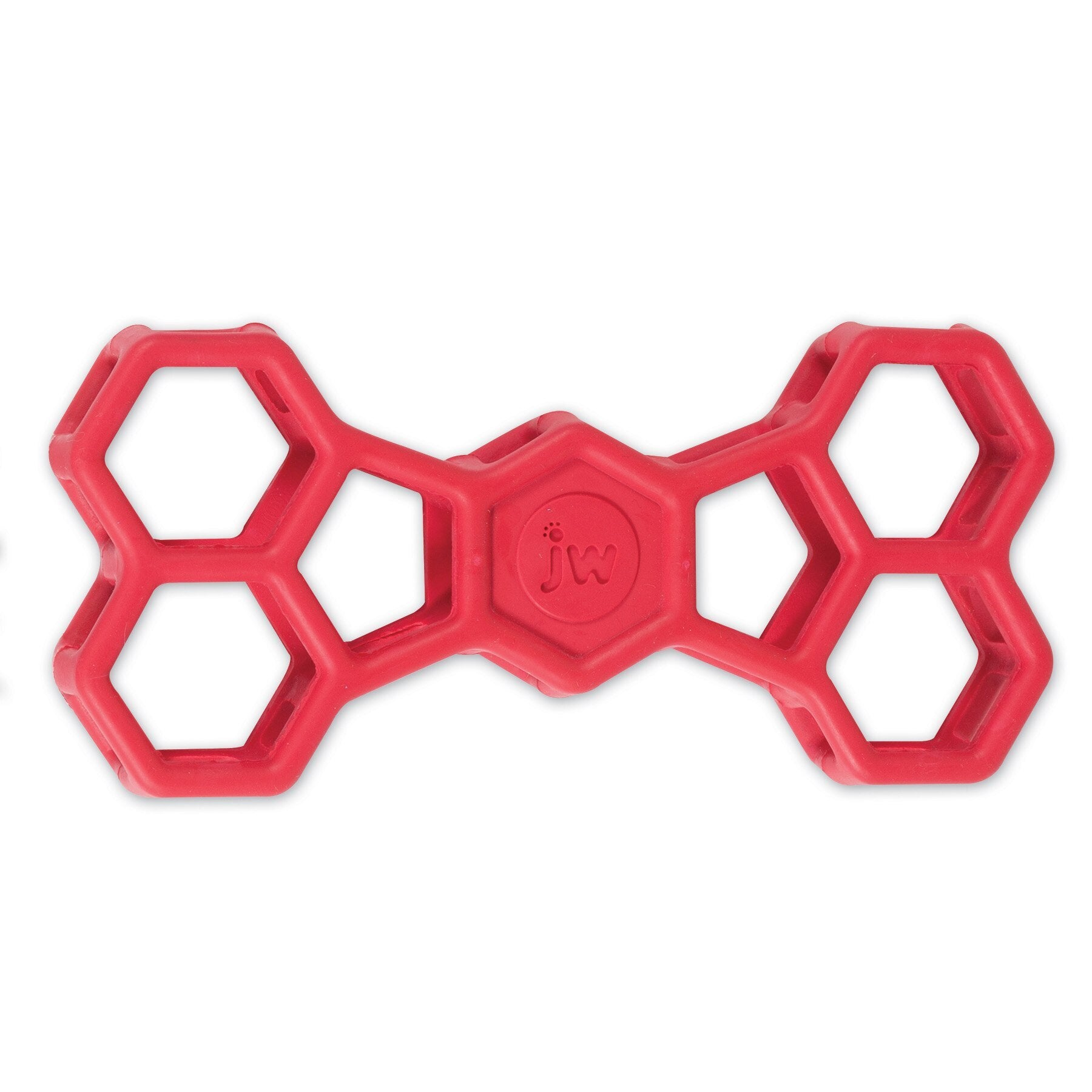 The JW Hol-ee Bone Puzzle Dog Toy by Jw is a red, natural rubber chew toy with a honeycomb pattern at the ends and JW on the central hub, perfect for playful pups.