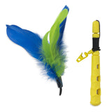 The JW Flutter-ee Feathers Telescopic Cat Wand by Jw is a yellow plastic stick featuring a hexagonal grip, black loop, and vibrant blue and green feather attachments secured by a black clip—ideal for engaging playtime.
