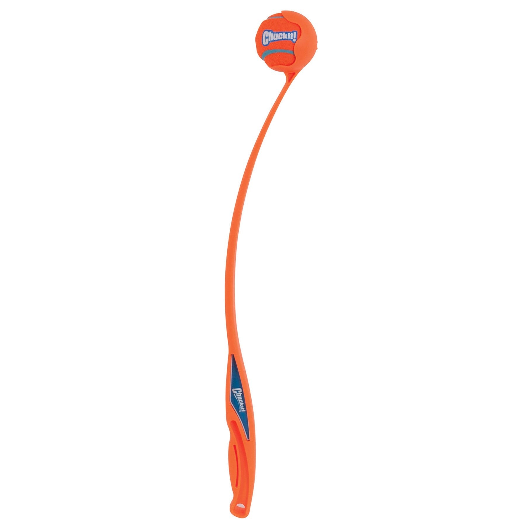 The Chuckit! Sport Launcher by Chuckit has an ergonomic rubber handle for a comfortable grip and a round holder for easy, long-distance ball throws. Its hands-free pickup makes playtime more fun, and the handle features a blue and red logo for a sporty touch.