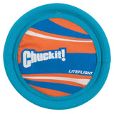 The Chuckit Lite Flight Dog Fetch Toy by Chuckit is made of durable polyester canvas and has a blue and orange circular design with wavy patterns. Chuckit! appears in bold white letters, making this vibrant disc perfect for healthy pet exercise.