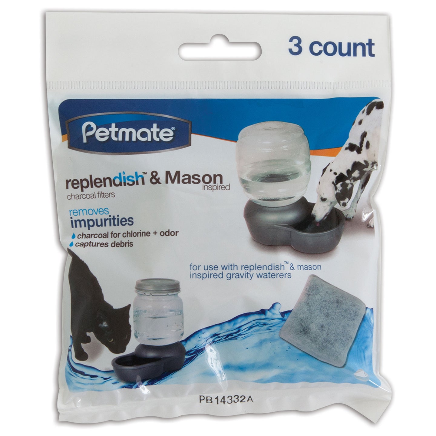 The Petmate Replendish & Mason Charcoal Replacement Filters package, which features a cat and dog with Mason style waterers, is designed to remove impurities like chlorine and odor. Three filters are included.