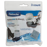 The Petmate Replendish & Mason Charcoal Replacement Filters package, which features a cat and dog with Mason style waterers, is designed to remove impurities like chlorine and odor. Three filters are included.