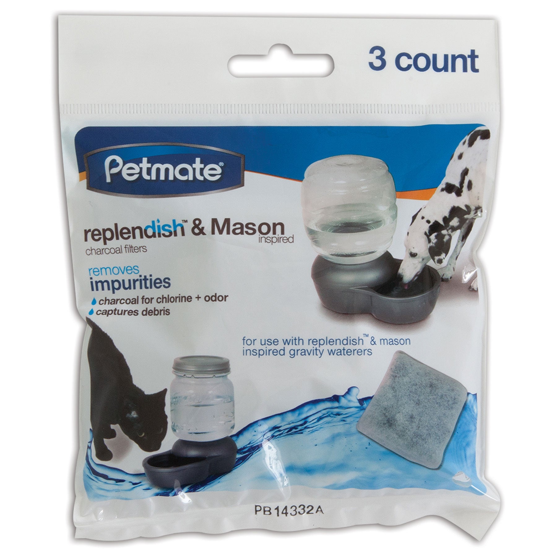 The Petmate Replendish & Mason Charcoal Replacement Filters package, which features a cat and dog with Mason style waterers, is designed to remove impurities like chlorine and odor. Three filters are included.