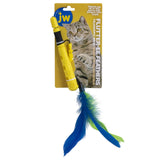 Enjoy endless fun with the JW Flutter-ee Feathers Telescopic Cat Wand packaging. It features a vibrant yellow design, a blue and green feather attachment for playful engagement, and is adorned with a charming cat image.