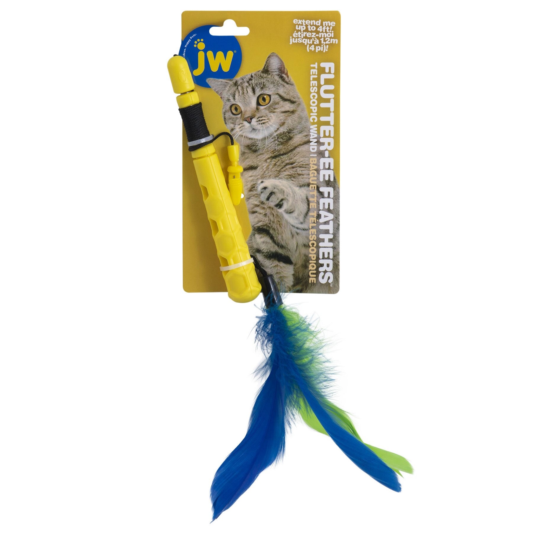 Enjoy endless fun with the JW Flutter-ee Feathers Telescopic Cat Wand packaging. It features a vibrant yellow design, a blue and green feather attachment for playful engagement, and is adorned with a charming cat image.