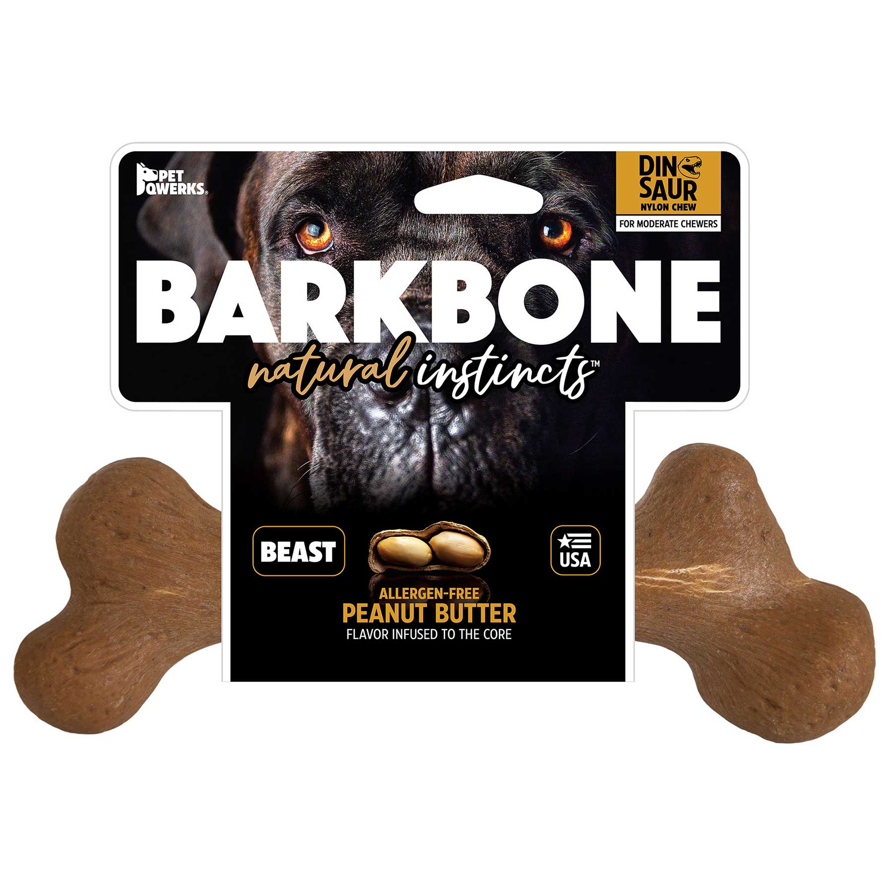 The image shows a BarkBone Natural Instincts package featuring their Peanut Butter Infused Wood Dinosaur Nylon Dog Chew, ideal for moderate chewers. The bone-shaped chews packaging displays a joyful dogs face.