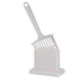 The Petmate Handy Stand Litter Scoop, featuring durable white plastic, a long handle, and slotted design, comes with a sanitary storage stand to keep it upright against a plain white background.