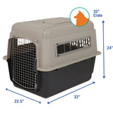 The Petmate Traveler - Ultra Vari Kennel by Petmate is a large, durable carrier with a wire door and side vents, measuring 32 L x 22.5 W x 24 H—perfect for pet travel. Dog icon and 32 Crate text shown at top right.