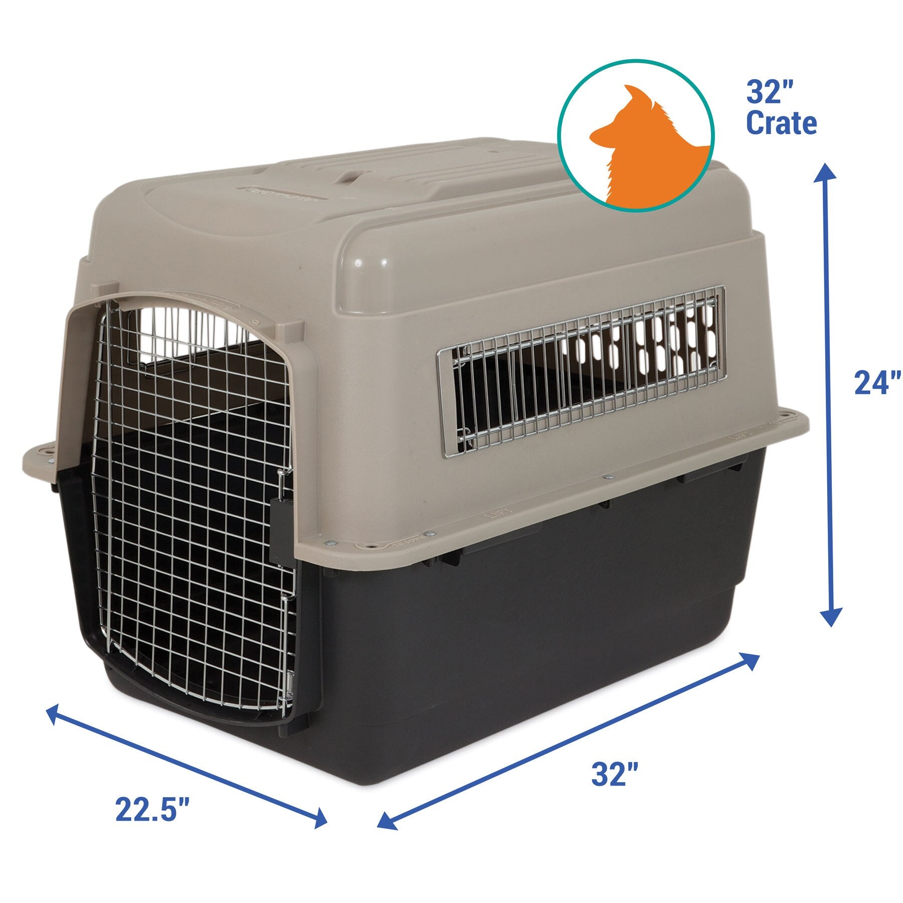 The Petmate Ultra Vari Kennel, a stylish beige and black pet crate from Petmate, features a metal wire door, side vents, and dog silhouette. Measuring 32 x 22.5 x 24, it meets airline travel requirements.