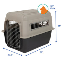 The Petmate Ultra Vari Kennel, a stylish beige and black pet crate from Petmate, features a metal wire door, side vents, and dog silhouette. Measuring 32 x 22.5 x 24, it meets airline travel requirements.