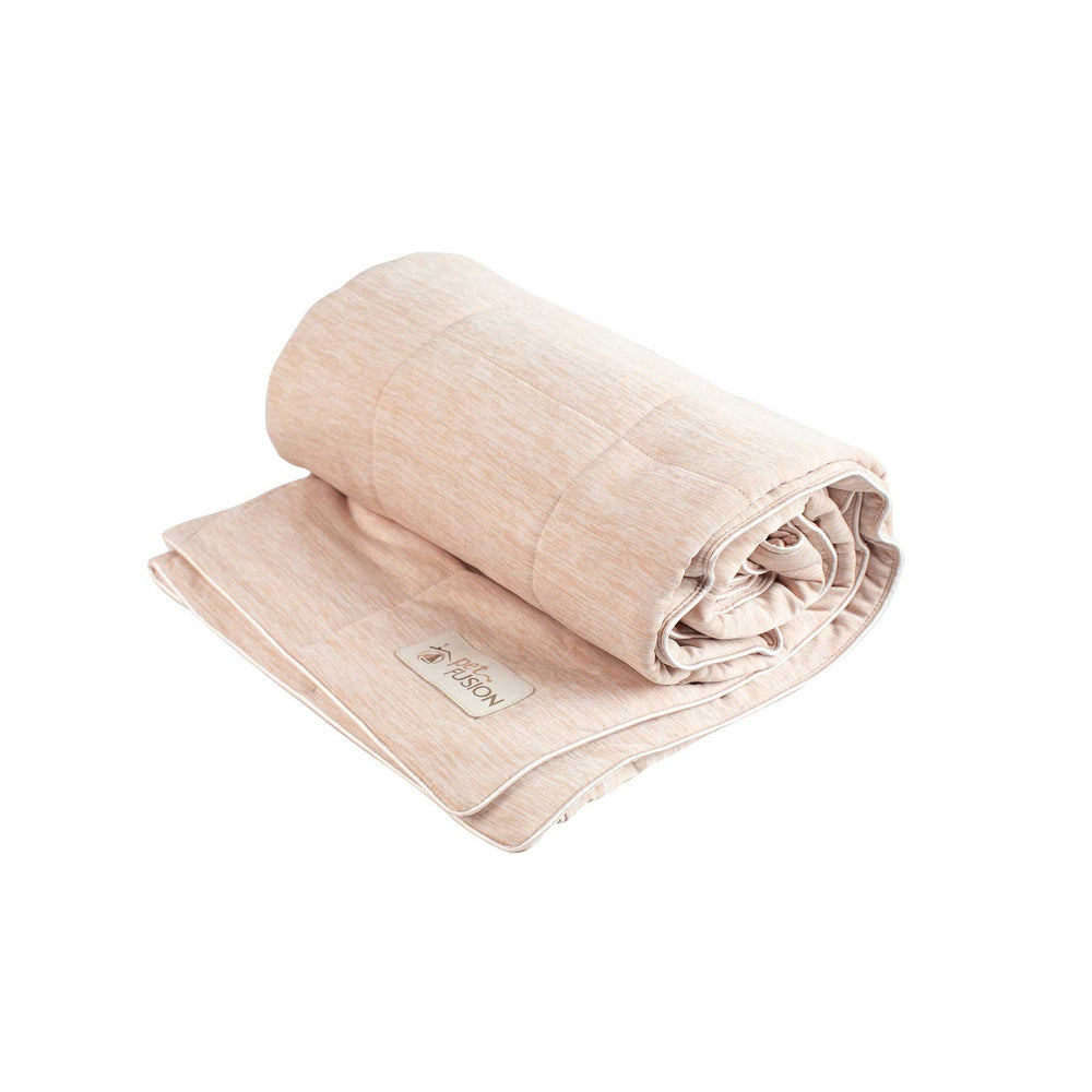 The PetFusion Premium Cat and Dog Cooling Blanket by Petfusion is a neatly rolled beige quilt with a visible logo embossed on one corner. It features a subtle checkered pattern and integrates cooling technology for optimal temperature regulation, providing a soft, cozy appearance perfect for you or your pet.