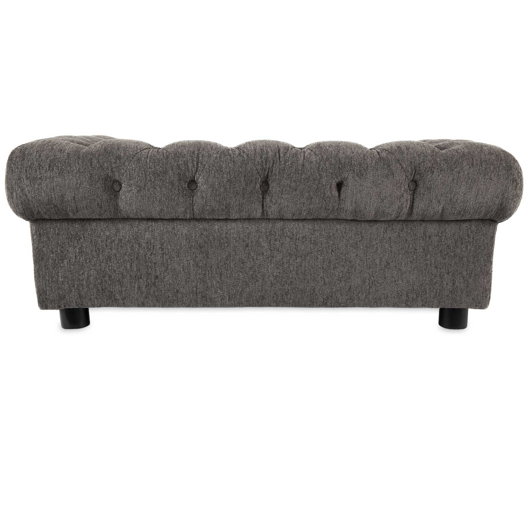 A gray upholstered bench with a tufted top and rounded edges, similar to a La-Z-Boy Newton Sofa Dog Bed. It features a plush design with button details, wrapped in textured chenille, and rests on short black legs.