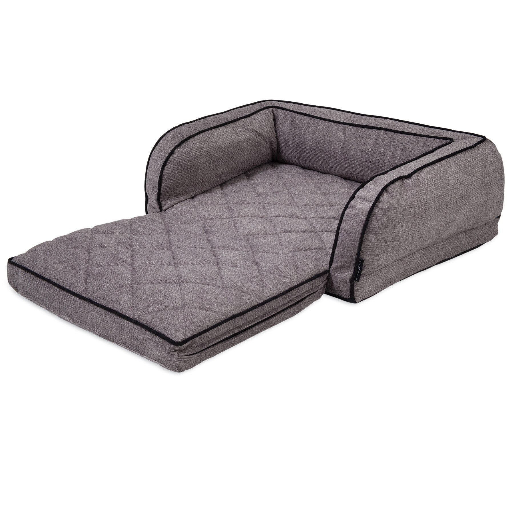 The La-Z-Boy Duchess Fold Out Sleeper Sofa Dog Bed features a gray quilted design with raised bolsters and extended cushioned front. Made with iClean fabric for easy maintenance, its textured material and black piping ensure durability and style, offering ultimate pet comfort and lounging.