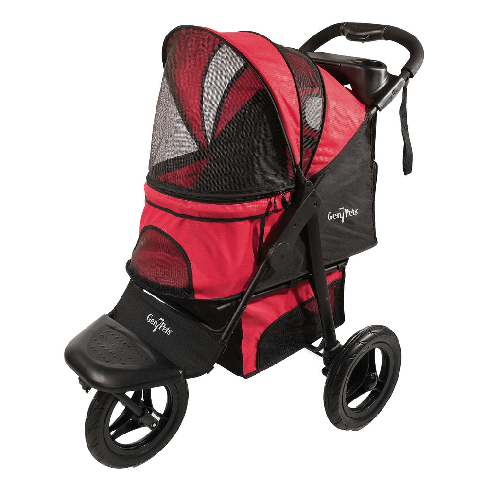 The Gen7Pets G7 Jogger Pet Stroller in Pathfinder Red boasts a red and black design, mesh canopy, three wheels, storage compartment, and safety features for large dogs. The Gen7 logo is on the front and side.