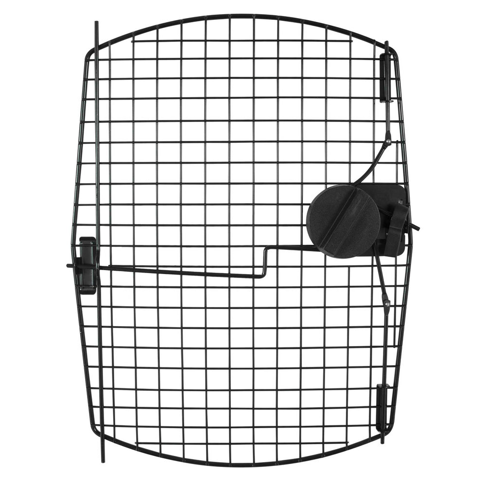 From the front, the Petmate 36 Sky Kennel Replacement Door resembles a black metal safety gate with a sturdy grid pattern. It includes a secure latch mechanism on the right side for opening and closing, ideal for pets or small children.