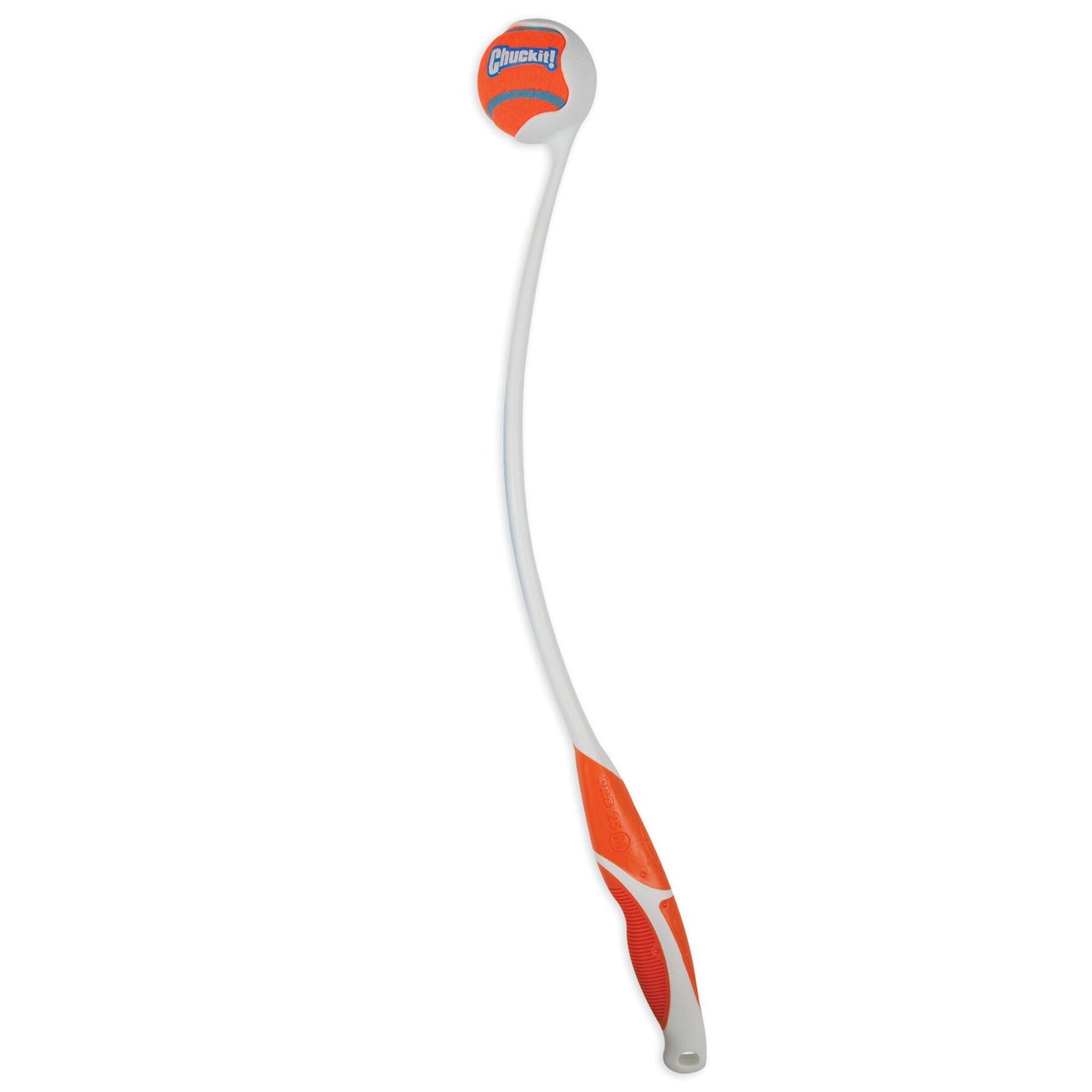 The Chuckit! Pro Launcher by Chuckit is a long, white, and orange dog ball launcher with a curved ergonomic handle and textured grip for ease of use. It securely holds a Chuckit! labeled ball, making it perfect for fetch games.