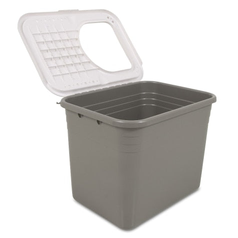 A gray, empty plastic bin with a non-slip grid-patterned white open lid and cutout handle is reminiscent of the versatile Petmate Top Entry Litter Box by Petmate.