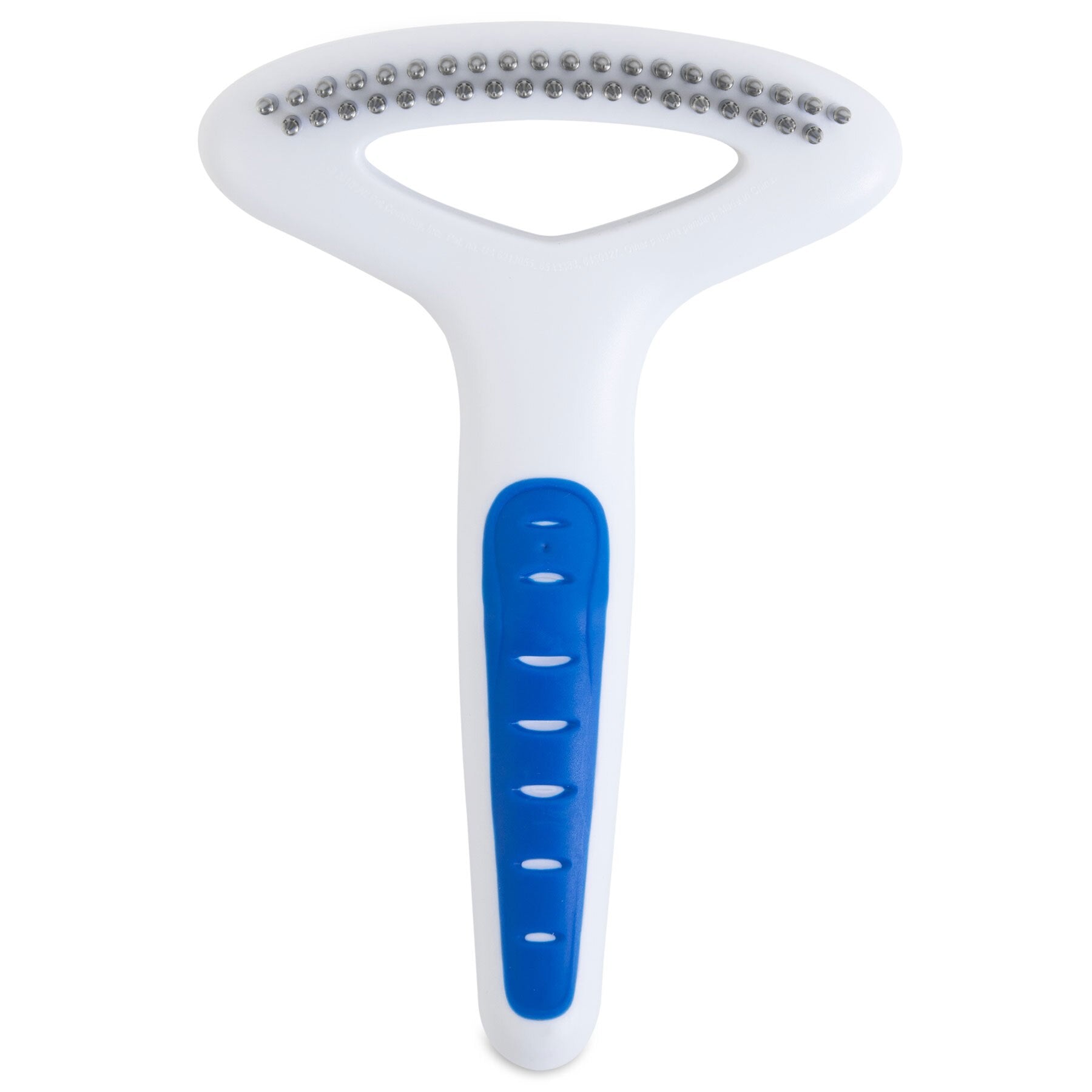 A white and blue tongue scraper with a wide, rounded head and small bristles, designed for effective tongue cleaning—similar to the JW Pet JW Gripsoft Double Row Undercoat Rake Regular Teeth used for removing shedding hair in dogs.