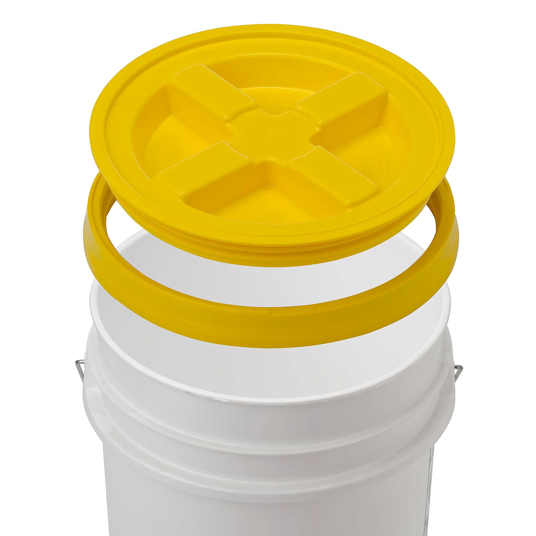 A white HDPE bucket, BPA-free, features a yellow Gamma Seal Lid from Gamma2 with a cross-shaped indentation for an airtight seal. The lid is positioned above the bucket, ready to attach. A sturdy metal handle completes the design.