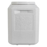 The Vittles Vault Bird Seed Storage Container from Vittles Vault is light gray with a GAMMA Seal Lid, featuring a textured surface and a raised design of two birds on branches with leaves; it has a rectangular shape and rounded edges.