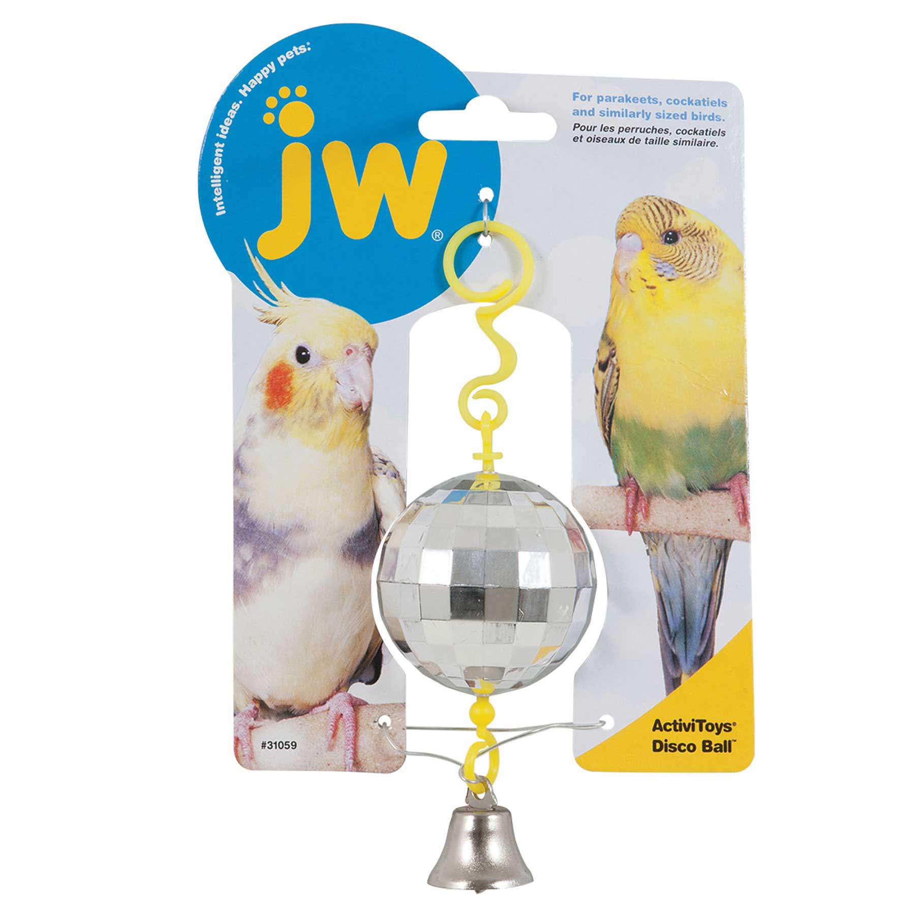 The packaging for the JW Disco Ball Bird Toy shows a bird toy with a disco ball design and bell to ease cage boredom, featuring images of a cockatiel and parakeet. The brand name Jw and product name are clearly displayed.