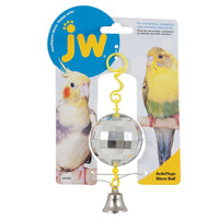 The packaging for the JW Disco Ball Bird Toy shows a bird toy with a disco ball design and bell to ease cage boredom, featuring images of a cockatiel and parakeet. The brand name Jw and product name are clearly displayed.