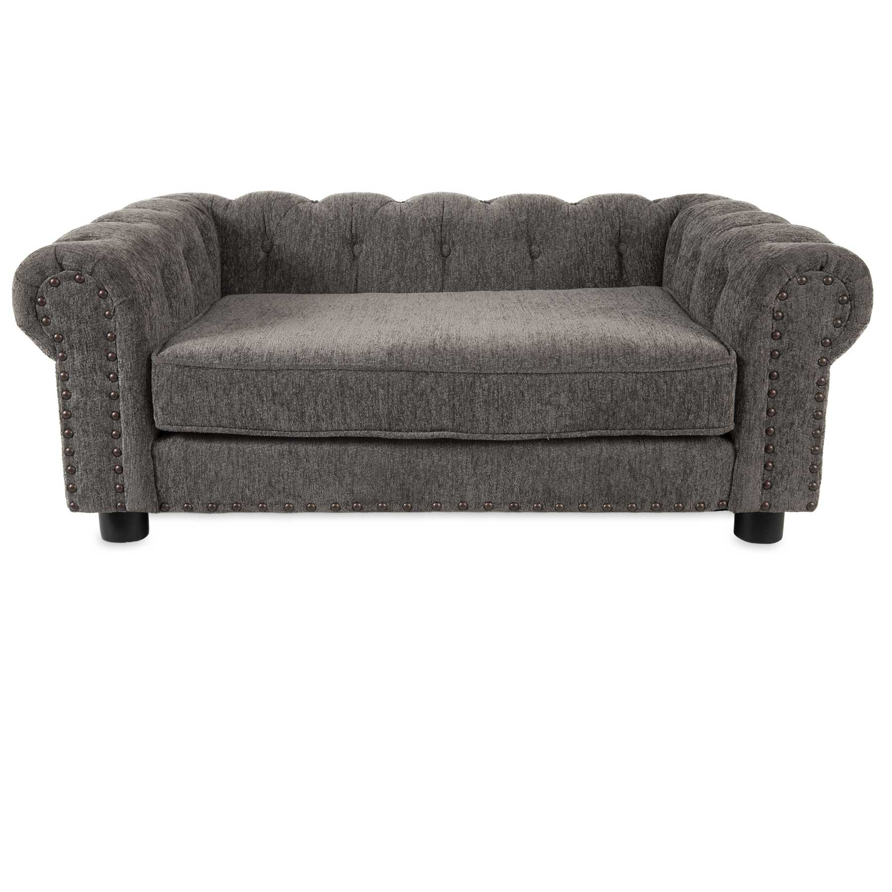 The La-Z-Boy Newton Sofa Dog Bed, in plush gray textured chenille, features a tufted backrest, rolled arms, nailhead trim, and short black legs.