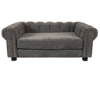 The La-Z-Boy Newton Sofa Dog Bed, in plush gray textured chenille, features a tufted backrest, rolled arms, nailhead trim, and short black legs.