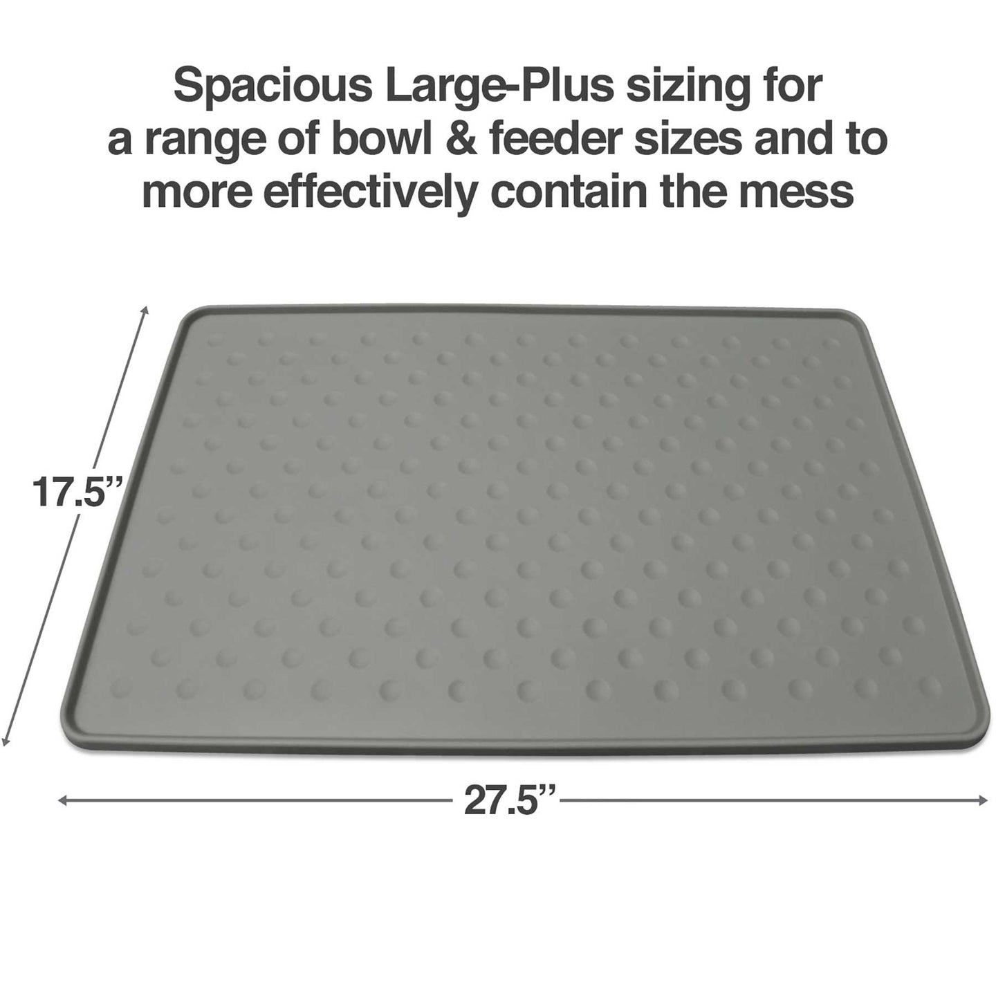 The PetFusion Tough Grip Dog Food Mat by Pet Fusion is a spacious 27.5x17.5-inch gray silicone mat, featuring raised dots for anti-slip grip and spill containment, ideal for keeping mealtime tidy while accommodating various bowls and feeders.