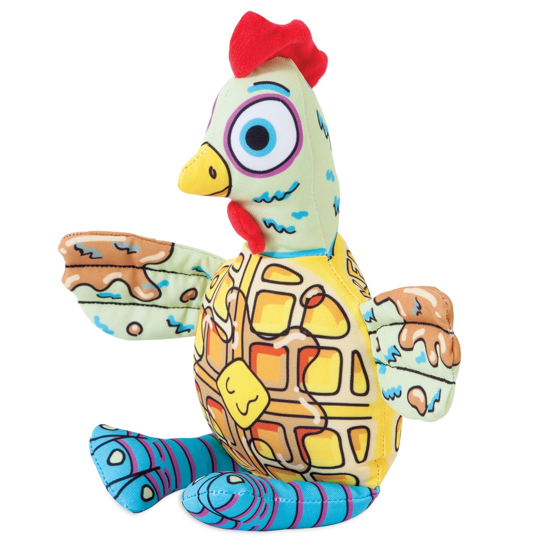 The FAT CAT Foodies Chicken n Waffles Dog Toy from Fatcat features wide eyes, a red comb, and a playful waffle pattern. Part of the Foodies collection, it includes raised wings and feet for signature floppability®, creating a whimsical and fun look.