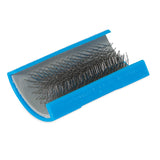 The JW Bird Perch Cleaner by Jw features a curved, blue plastic base with thin metal bristles for carding or grooming in a birds environment, ensuring your feathered friend enjoys a clean perch daily.