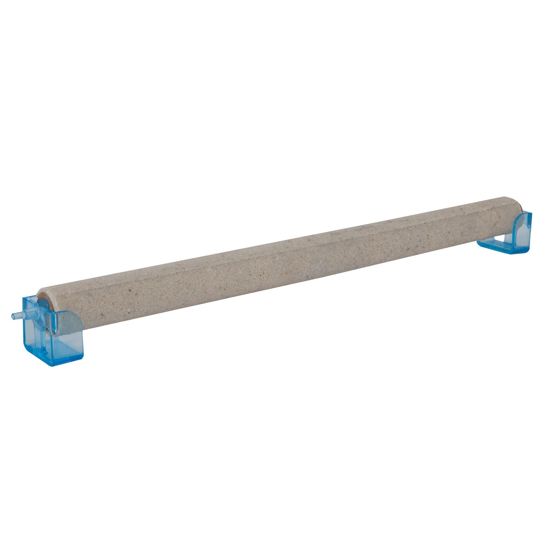 The JW Anchorstone Airstone Aquarium Bubbler, by Jw, is a long cylindrical stone for aquariums mounted on two small blue plastic stands. It evenly distributes oxygen, creating bubbles in the water.
