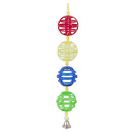 The JW Lattice Chain Bird Toy by Jw features four colorful lattice-designed plastic balls in red, yellow, blue, and green to stimulate parakeets. A small metal bell at the bottom provides engaging cage boredom relief for your feathered friend.