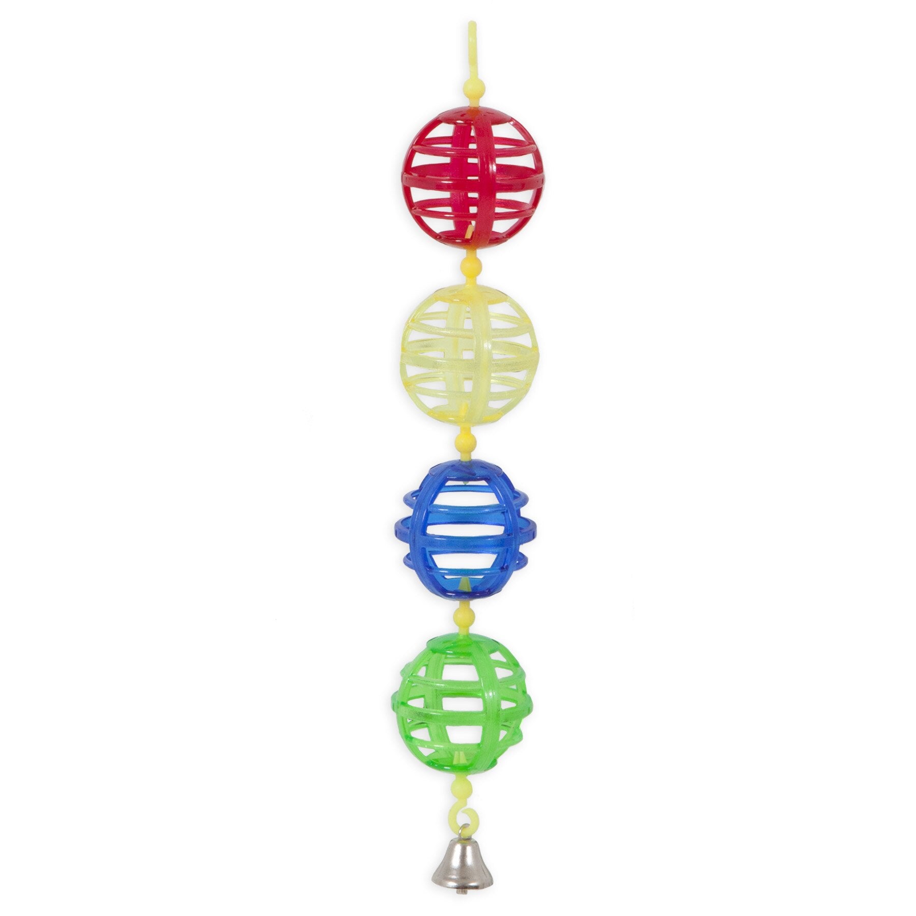 The JW Lattice Chain Bird Toy by Jw features four colorful lattice-designed plastic balls in red, yellow, blue, and green to stimulate parakeets. A small metal bell at the bottom provides engaging cage boredom relief for your feathered friend.