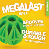 The JW Megalast Ball Dog Toy by Jw is an interactive essential for strong chewers. Featuring a green rubber design with grooves and pockets on a vibrant yellow backdrop, it offers durability and treat storage. Megalast Ball stands out as a top choice in durable toys.