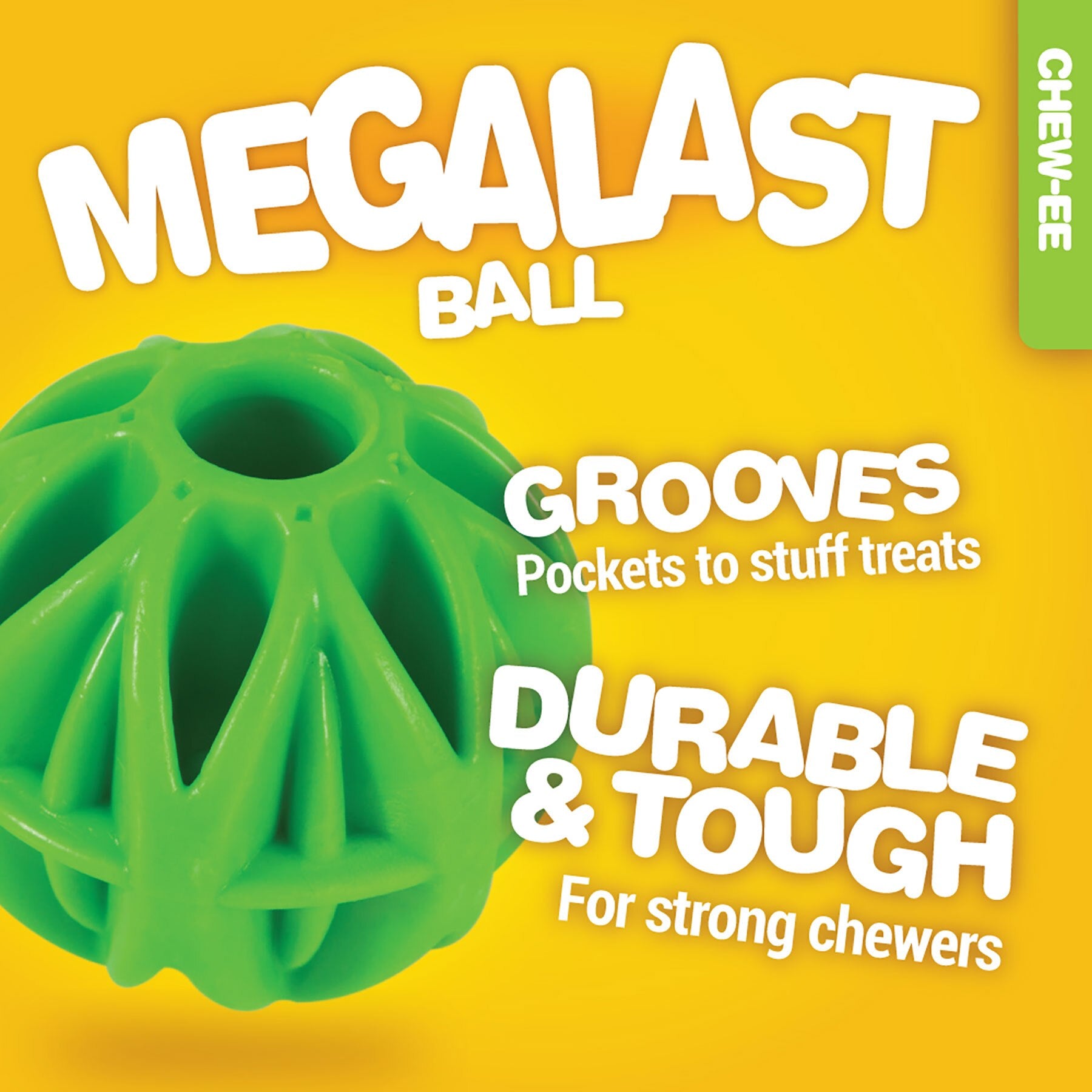 The JW Megalast Ball Dog Toy by Jw is an interactive essential for strong chewers. Featuring a green rubber design with grooves and pockets on a vibrant yellow backdrop, it offers durability and treat storage. Megalast Ball stands out as a top choice in durable toys.