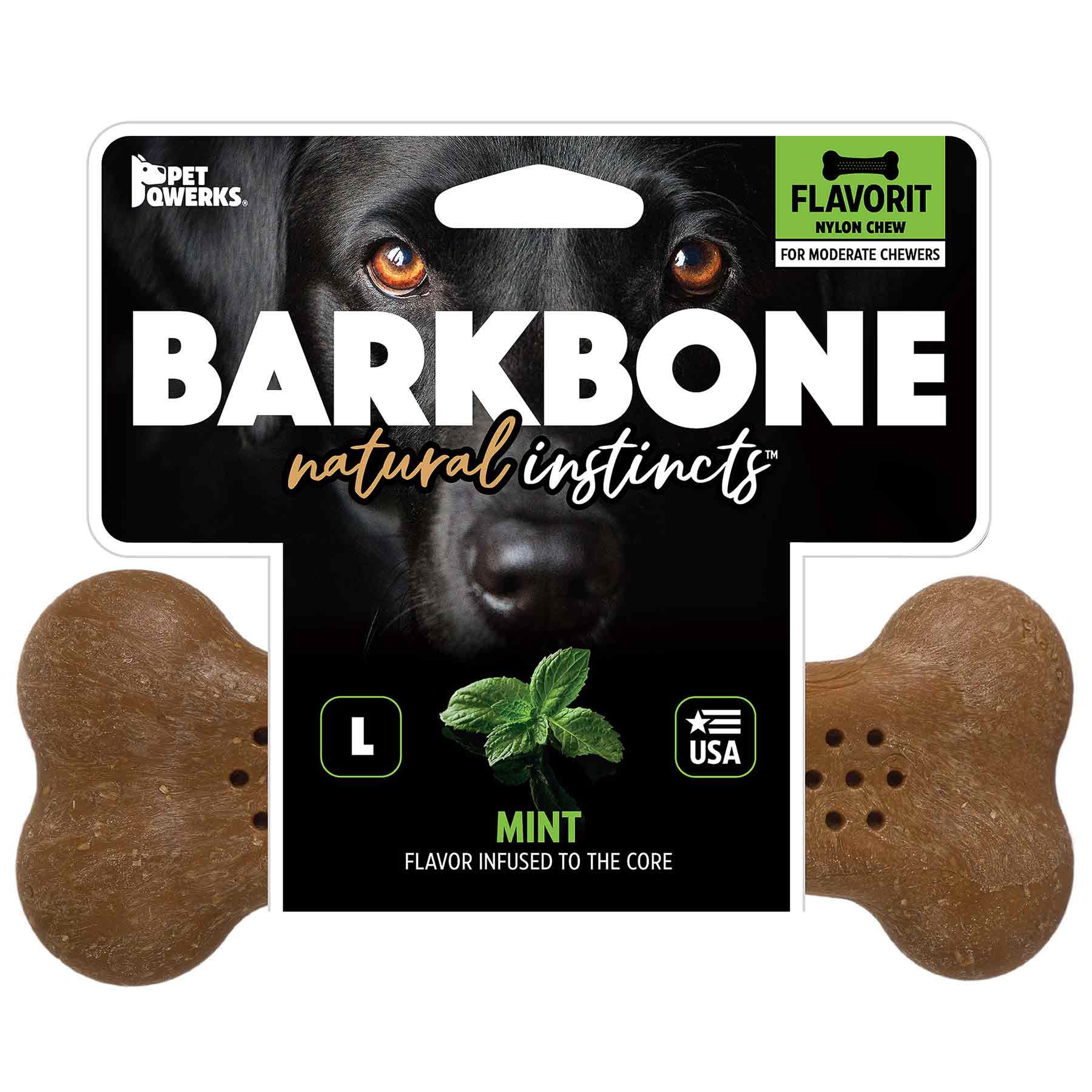 The BarkBone Natural Instincts Mint Wood Flavorit Nylon Dog Chew by Barkbone Natural Instincts is ideal for moderate chewers, featuring a dogs face close-up on L size packaging with the Made in USA mark, ensuring quality and satisfaction.