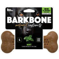 The BarkBone Natural Instincts Mint Wood Flavorit Nylon Dog Chew by Barkbone Natural Instincts is ideal for moderate chewers, featuring a dogs face close-up on L size packaging with the Made in USA mark, ensuring quality and satisfaction.