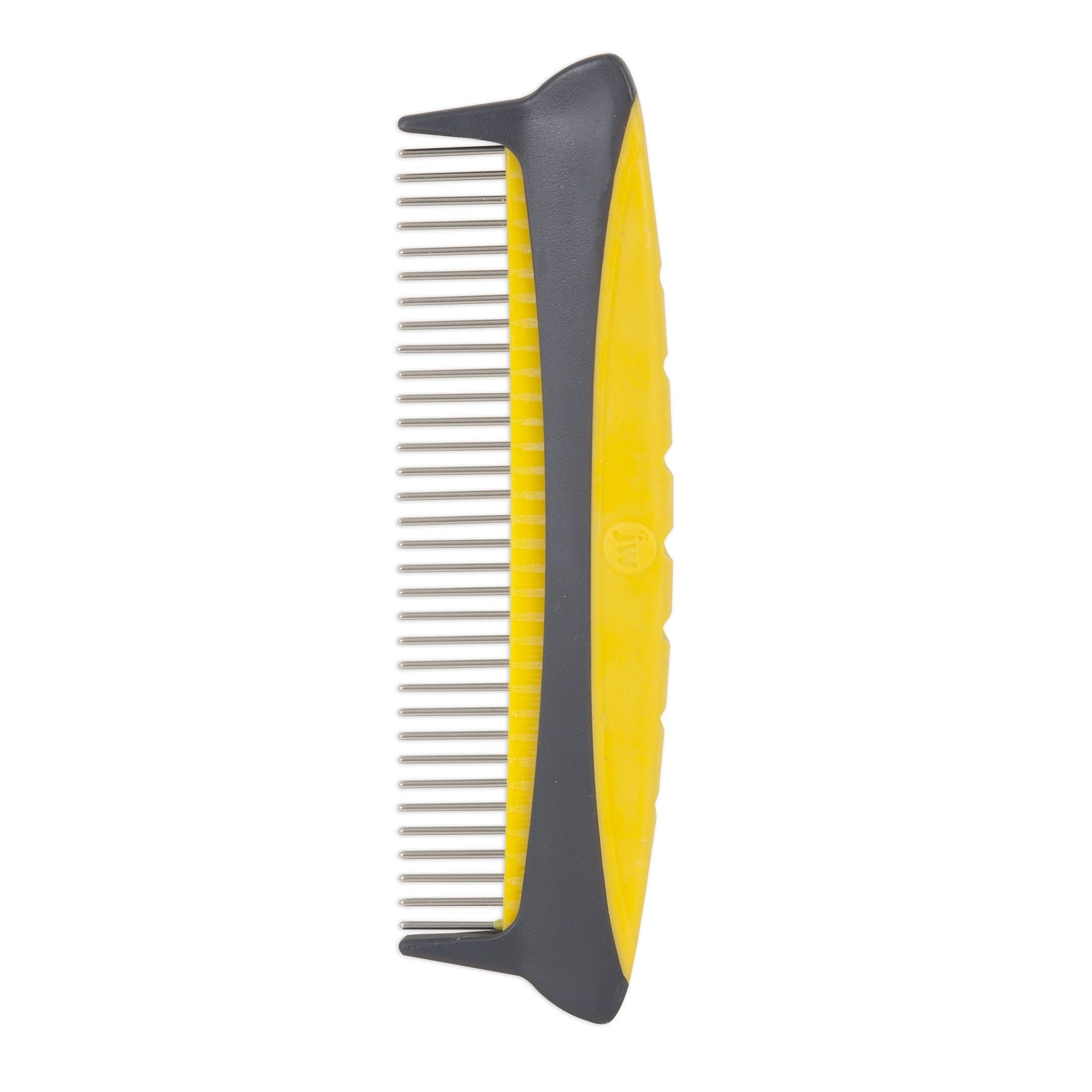 The JW Gripsoft Rotating Comfort Comb by Jw features rotating stainless steel teeth and a yellow handle with black grips, designed for effortless detangling. The comb is positioned vertically against a plain white background, highlighting its shiny metallic construction.