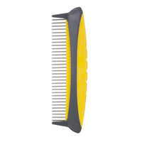 The JW Gripsoft Rotating Comfort Comb by Jw features rotating stainless steel teeth and a yellow handle with black grips, designed for effortless detangling. The comb is positioned vertically against a plain white background, highlighting its shiny metallic construction.
