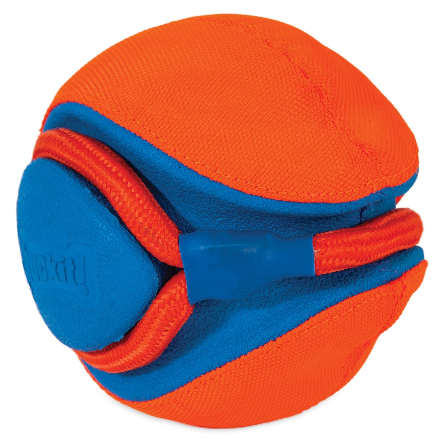 Introducing the Chuckit! Rope Fetch Dog Toy, featuring bright orange and blue fabric with looped stitching and a sturdy blue rubber joint. Its soft texture and rugged design make it perfect for interactive play or a fun game of rope fetch with your furry friend.